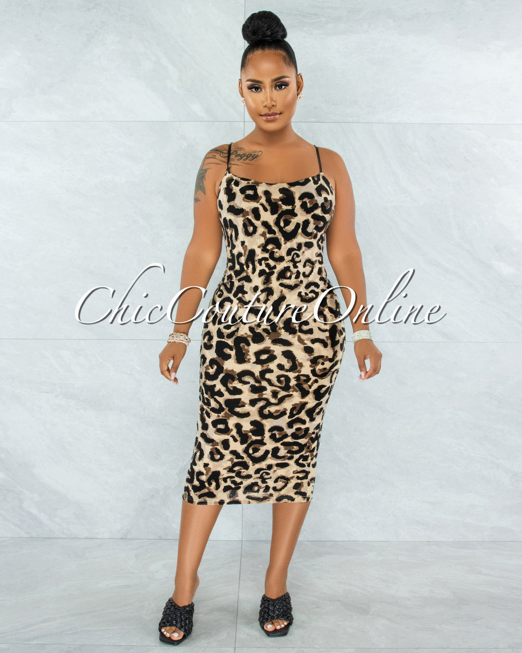 Tieve Nude Leopard Print Body-Con Midi Dress
