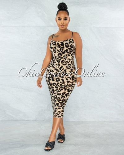 Tieve Nude Leopard Print Body-Con Midi Dress