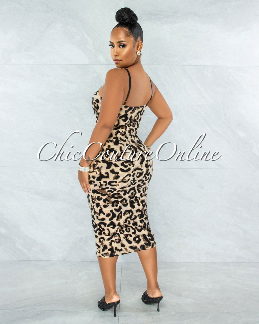 Tieve Nude Leopard Print Body-Con Midi Dress