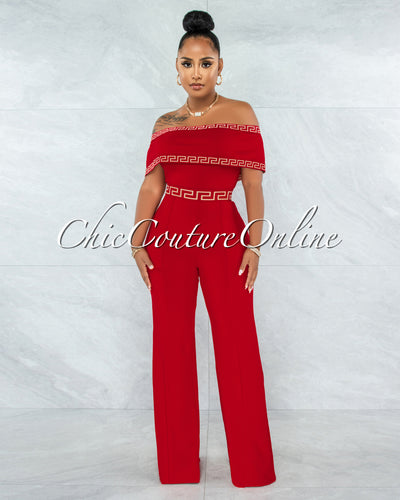 Montaro Red White Fret Trim Off-The Shoulders Jumpsuit