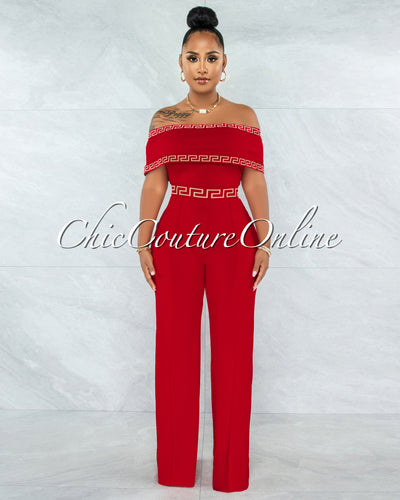 Montaro Red White Fret Trim Off-The Shoulders Jumpsuit