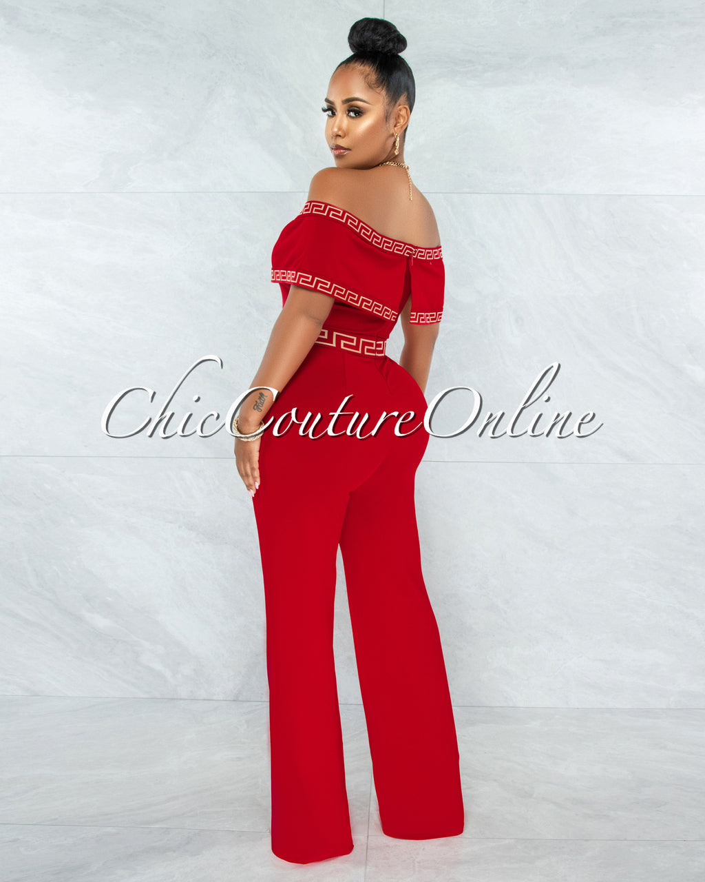 Montaro Red White Fret Trim Off-The Shoulders Jumpsuit