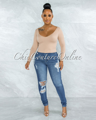 Perlette Nude V-Neck Ribbed Crop Top