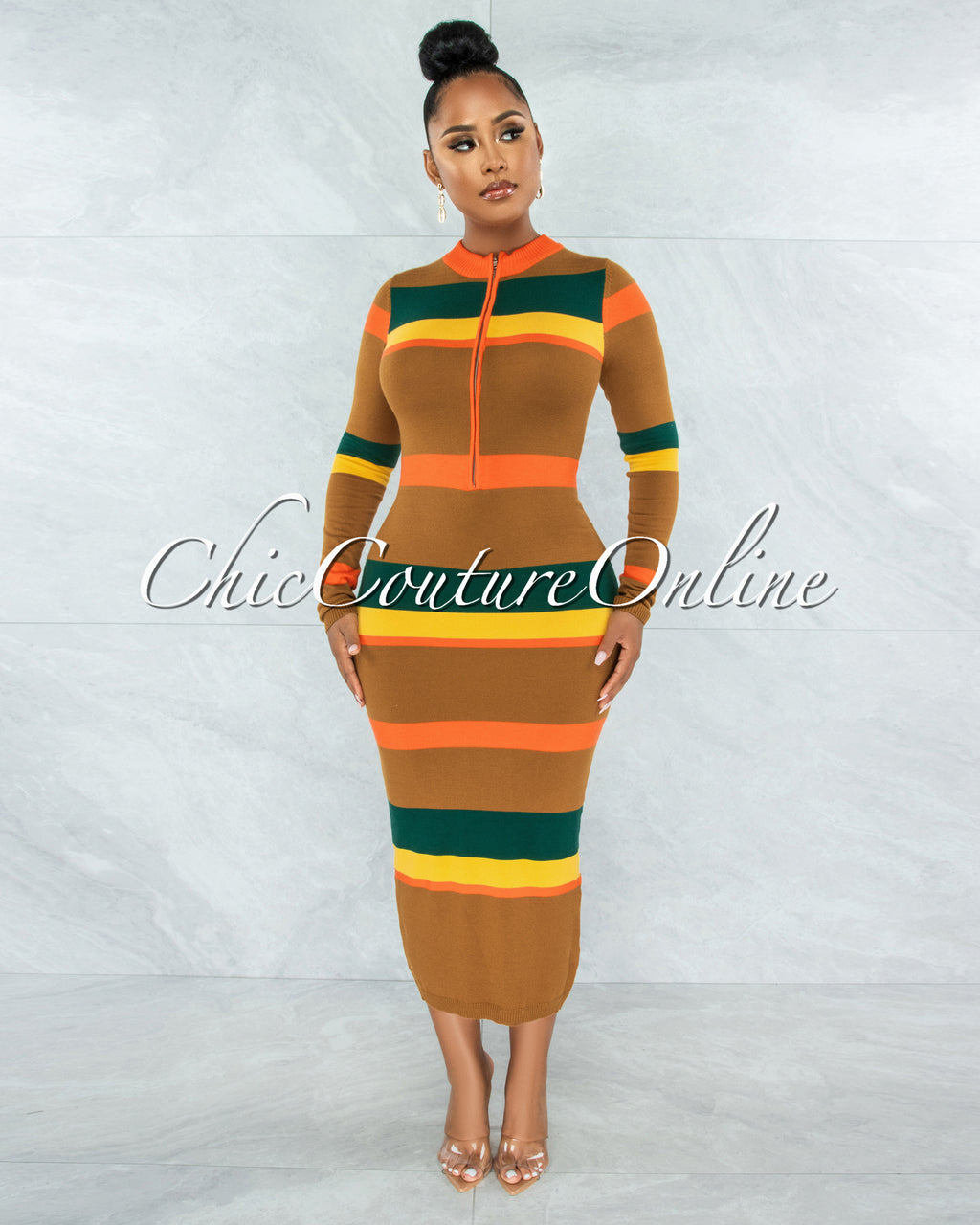 Dorsey Brown Orange Green Stripes Front Zipper Maxi Dress