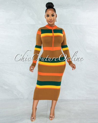 Dorsey Brown Orange Green Stripes Front Zipper Maxi Dress