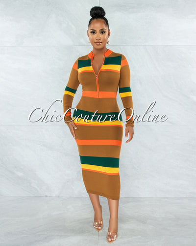 Dorsey Brown Orange Green Stripes Front Zipper Maxi Dress