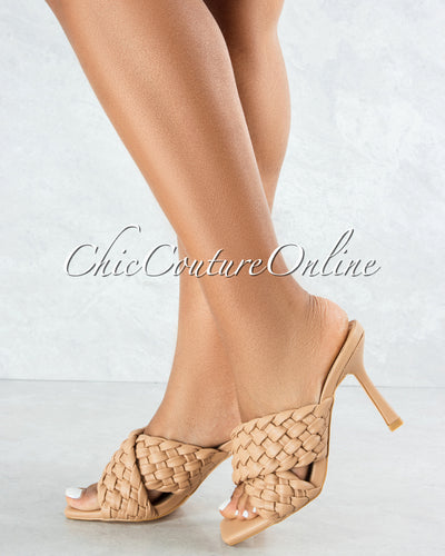 Reeses Camel Woven Crossed Square Toe Heels