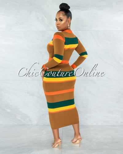 Dorsey Brown Orange Green Stripes Front Zipper Maxi Dress