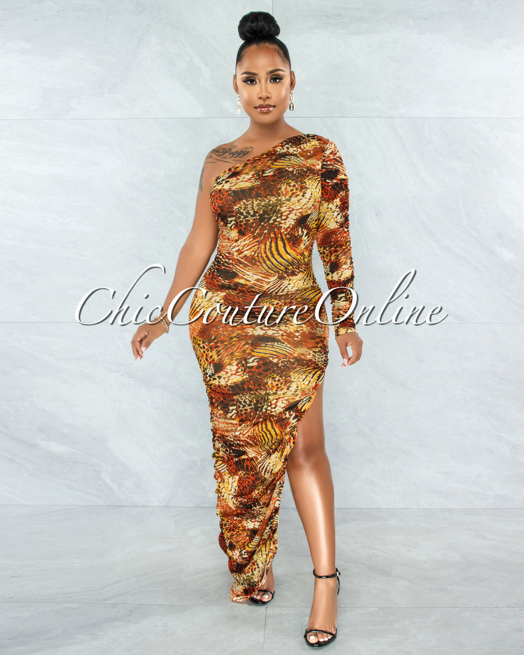*Polina Orange Yellow Print Ruched Side Slit Maxi Dress