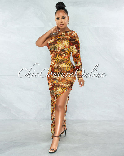 Polina Orange Yellow Print Ruched Side Slit Maxi Dress