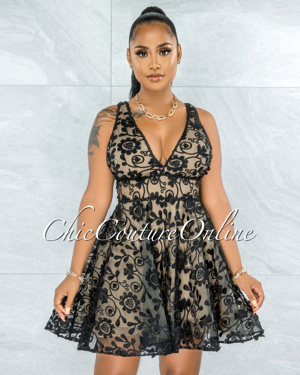*Rosenda Black Embroidery Nude Illusion Skater Dress