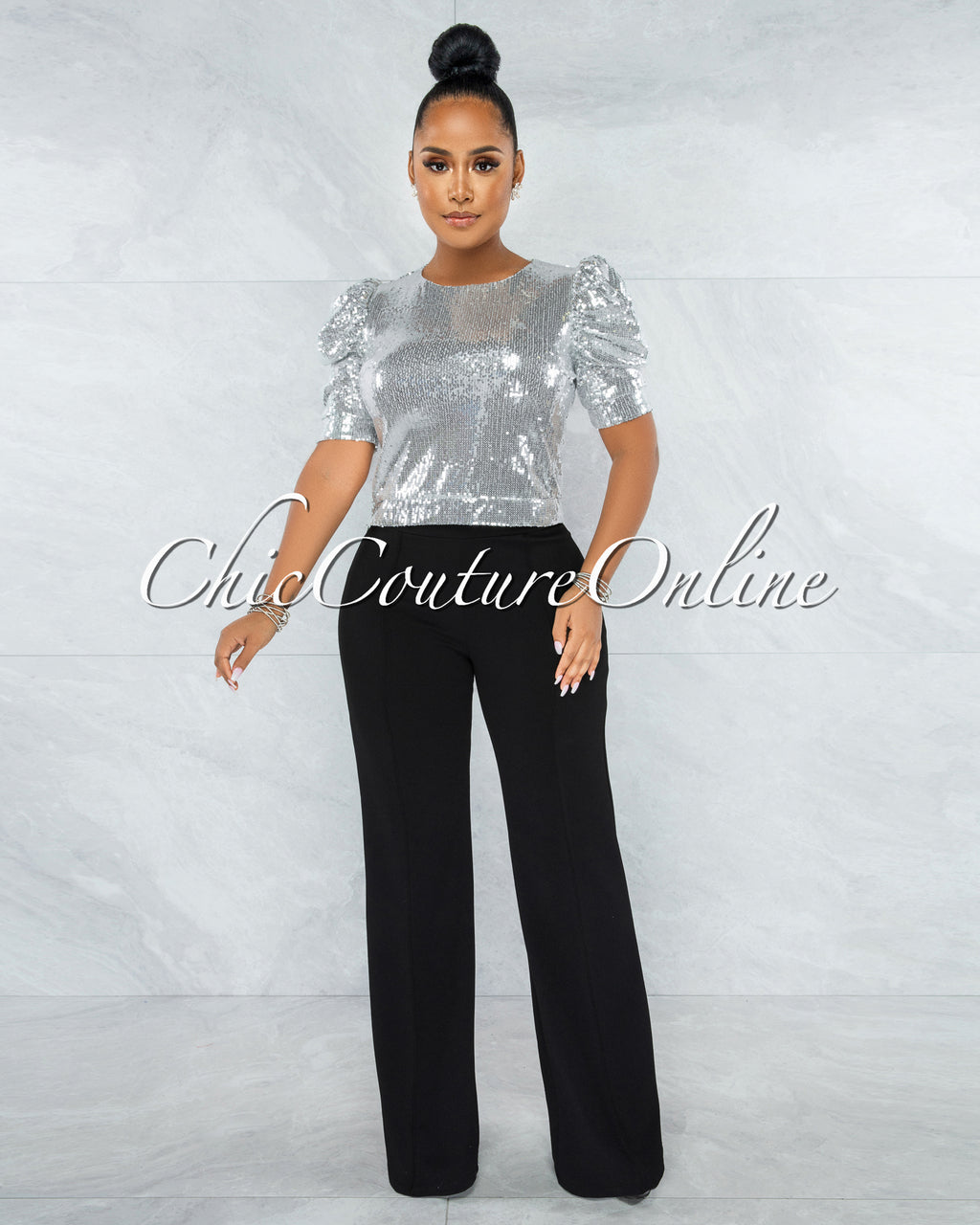 *Shamya Silver Sequins Bubble Sleeves Crop Top
