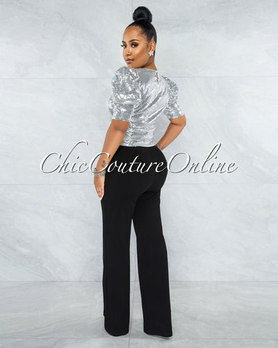 *Shamya Silver Sequins Bubble Sleeves Crop Top