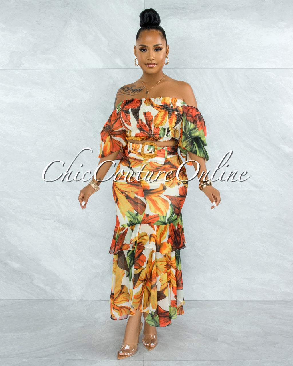 *Zamella Orange Multi-Color Print Two Piece Skirt Set