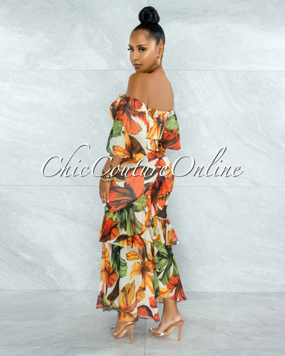 *Zamella Orange Multi-Color Print Two Piece Skirt Set