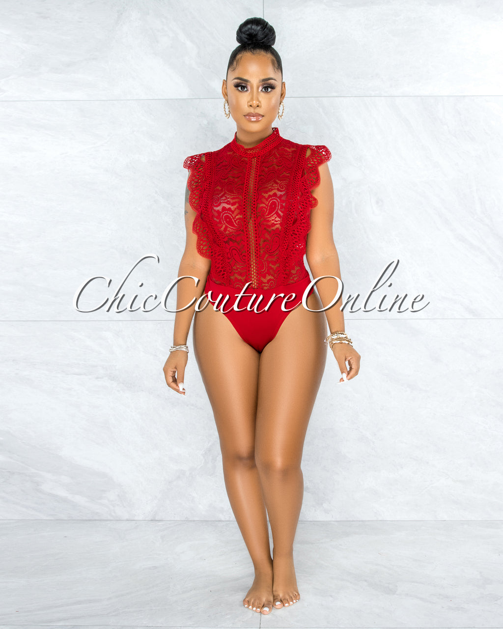 Dayra Red Lace See-Through Crochet Details Bodysuit