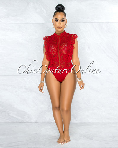 Dayra Red Lace See-Through Crochet Details Bodysuit