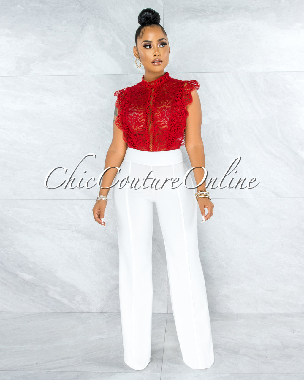 Dayra Red Lace See-Through Crochet Details Bodysuit