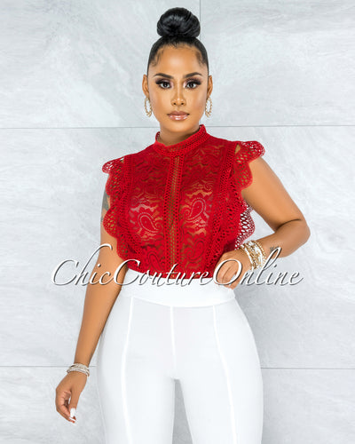 Dayra Red Lace See-Through Crochet Details Bodysuit