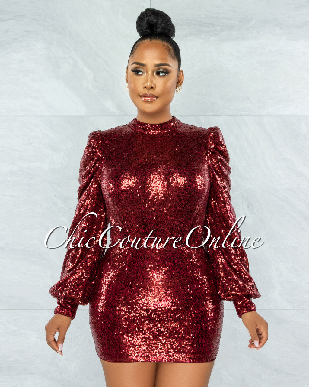 *Octavia Burgundy Sequins Bubble Sleeves Dress