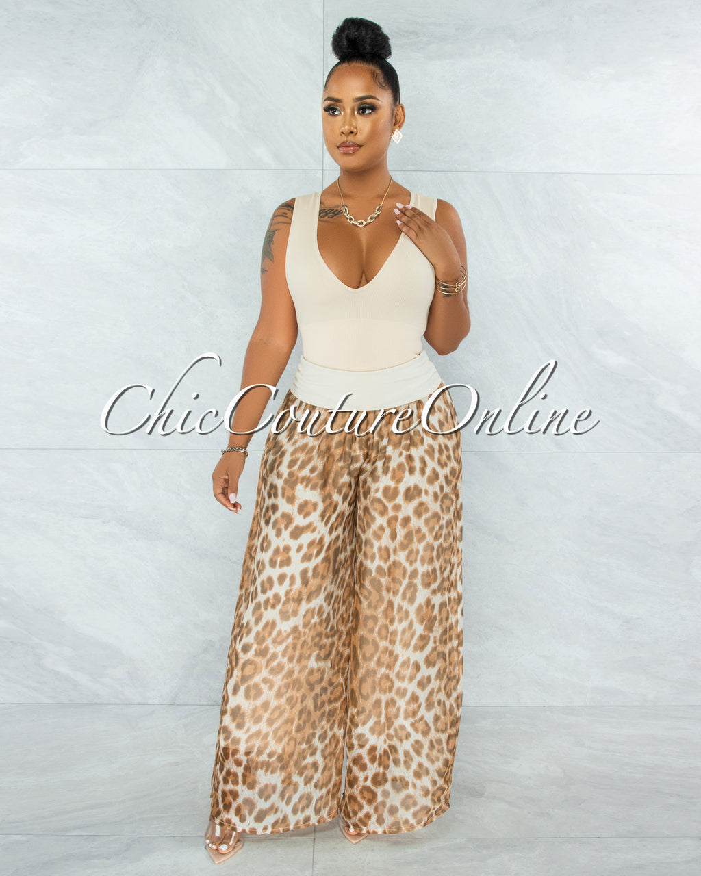 *Sharley Nude Leopard Print Wide Legs Waistband Pants