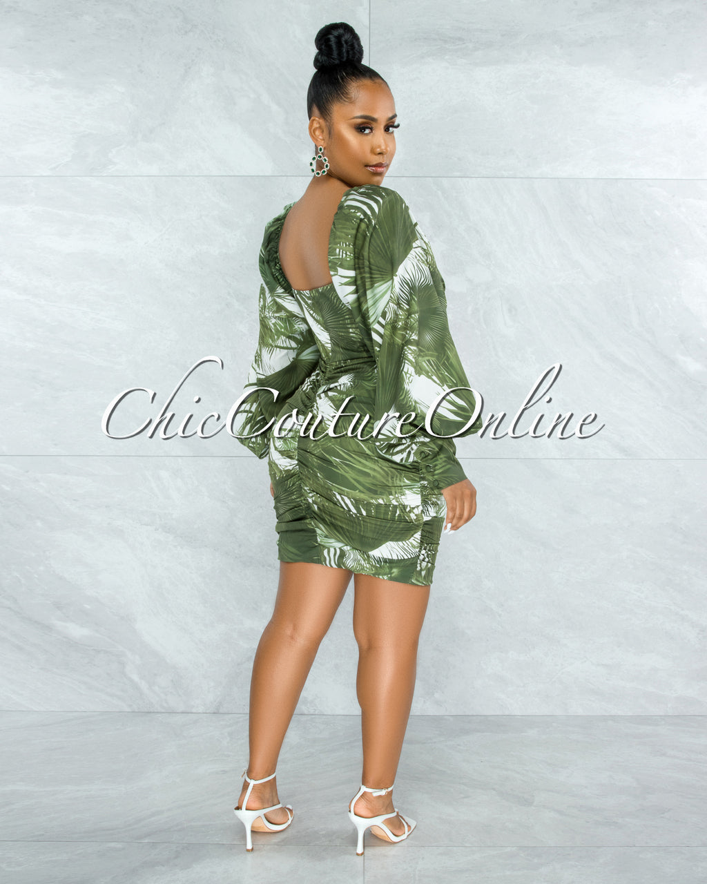 *Lemuela Olive Green Palm Print Ruched Mini Dress