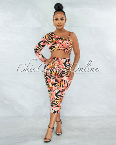 *Siena Orange Black Leaf Print Single Sleeve Cut-Out Dress