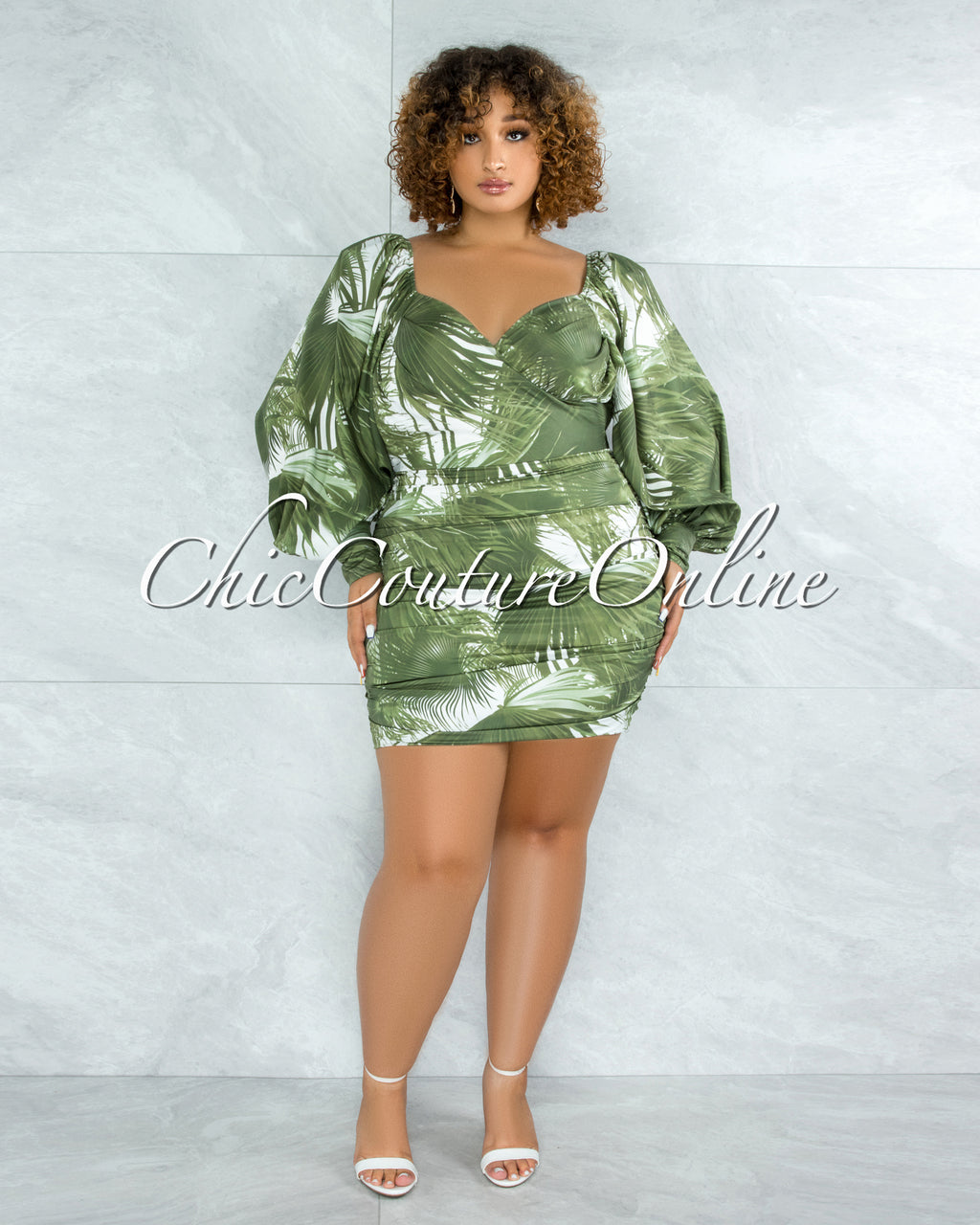 *Lemuela Olive Green Palm Print Ruched Mini Dress