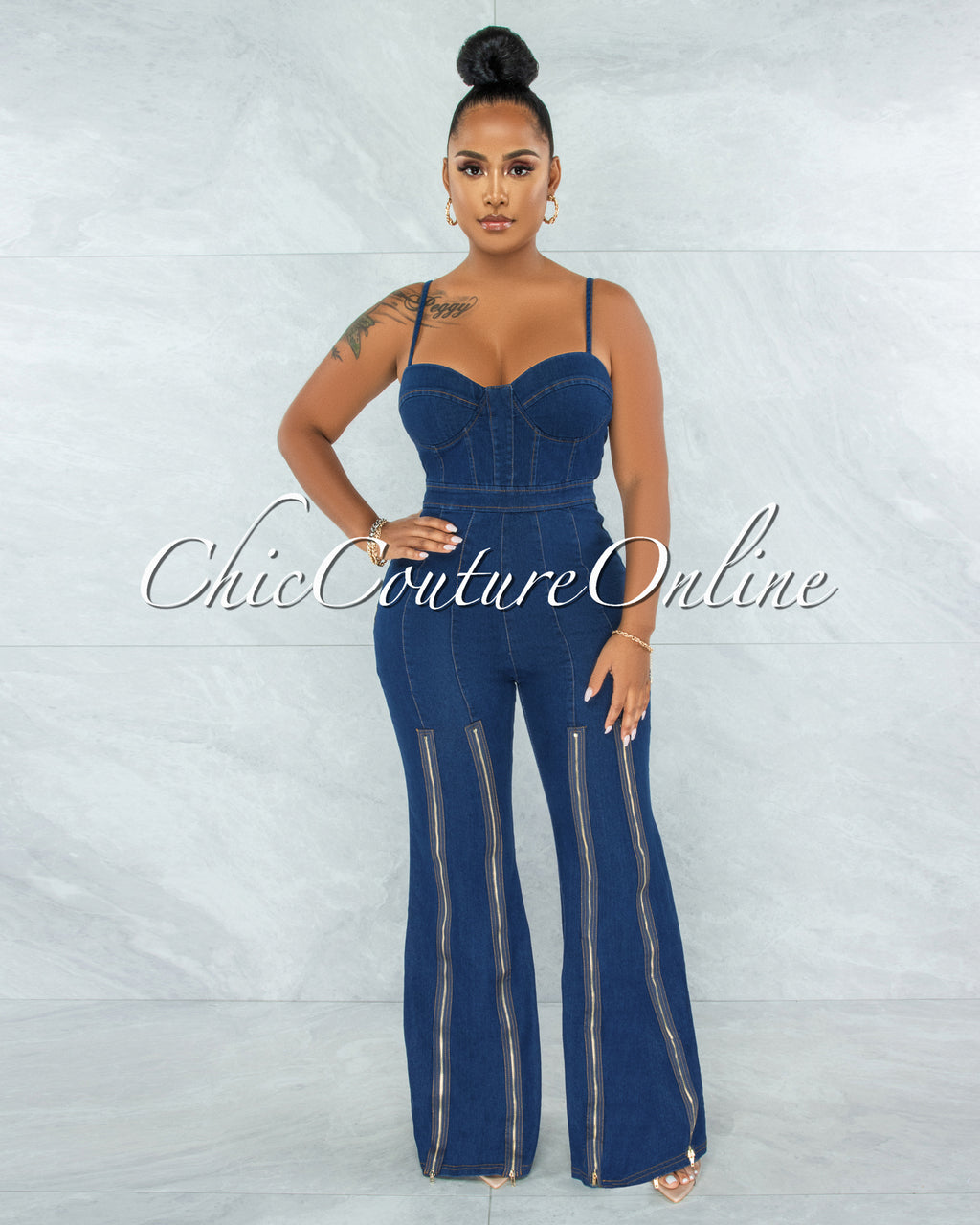 Dominica Dark Denim Zipper Bell Legs Jumpsuit