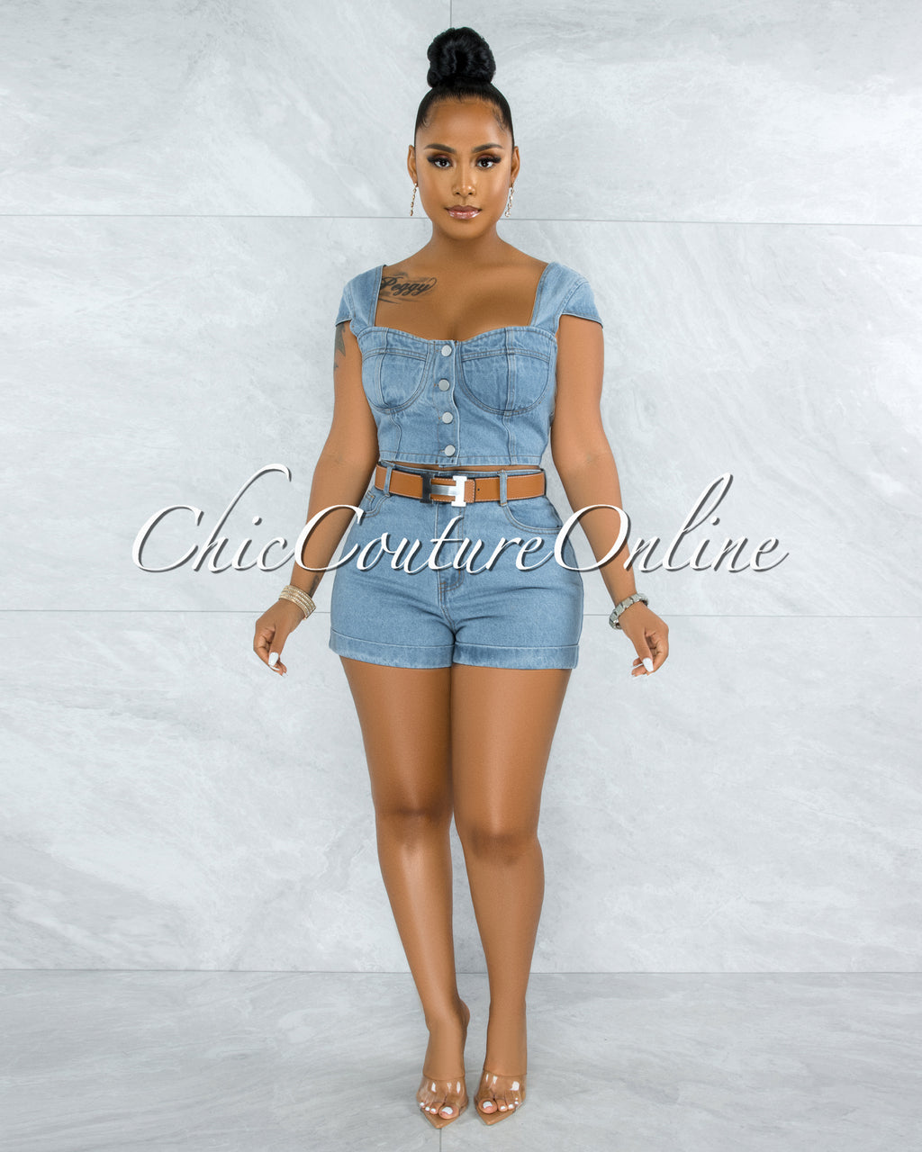 *Belda Light Washed Denim Top & Shorts Set