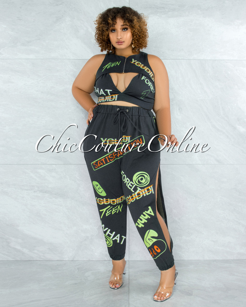 *Brodie Grey Graffiti Print Crop Top and Jogger Slit Pants Set