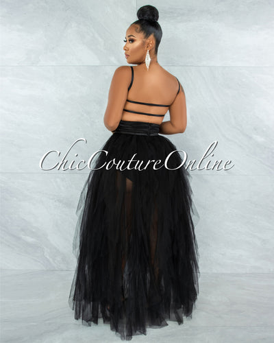 *Bellissima Black Satin Drape Top & Tulle Ruffle Maxi Skirt Set