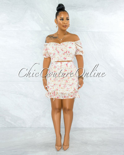 Dathan Nude Floral Print Eyelet Ruched Two Piece Set
