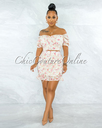 *Dathan Nude Floral Print Eyelet Ruched Two Piece Set