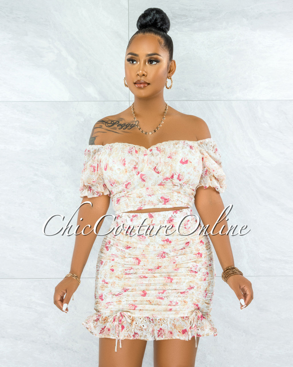*Dathan Nude Floral Print Eyelet Ruched Two Piece Set