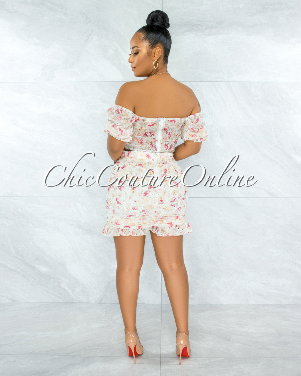 *Dathan Nude Floral Print Eyelet Ruched Two Piece Set