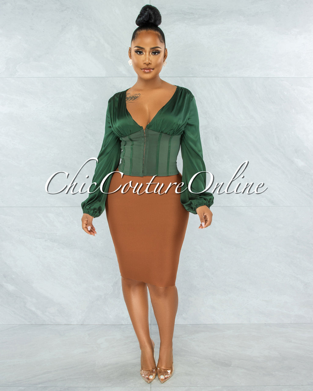 Maina Hunter Green Satin Suede Corset Style Top