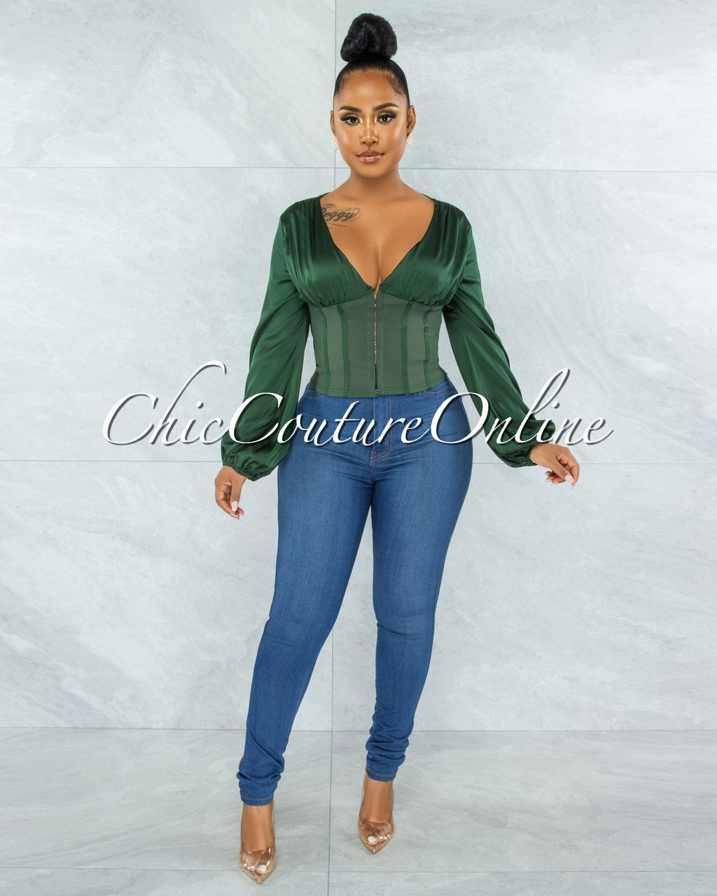 Maina Hunter Green Satin Suede Corset Style Top