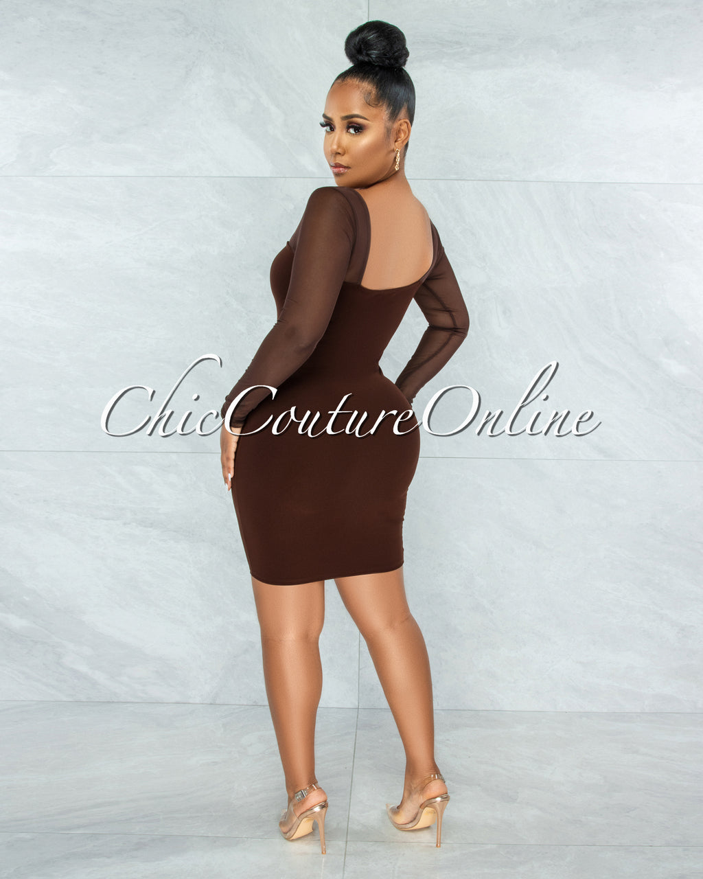 Unelina Chocolate Brown Mesh Long Sleeves Dress