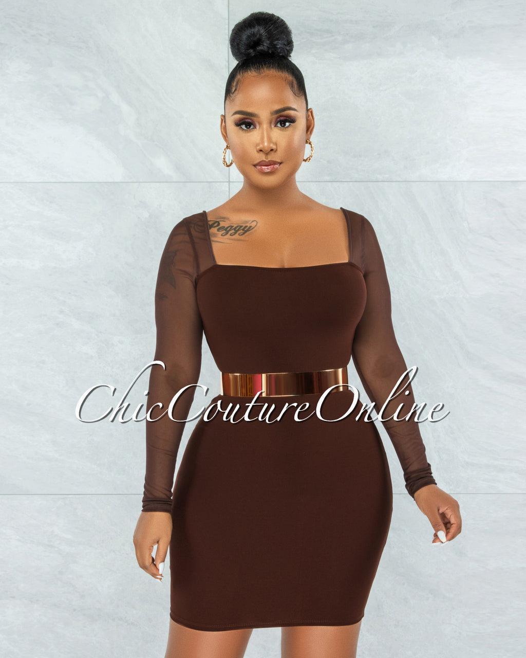 Unelina Chocolate Brown Mesh Long Sleeves Dress