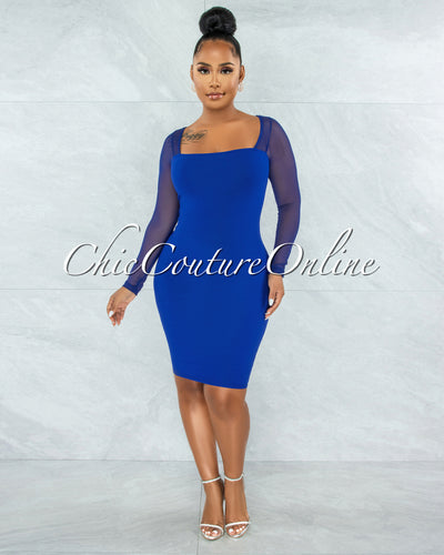 Unelina Royal-Blue Mesh Long Sleeves Dress