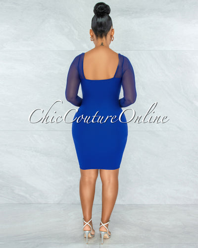 Unelina Royal-Blue Mesh Long Sleeves Dress