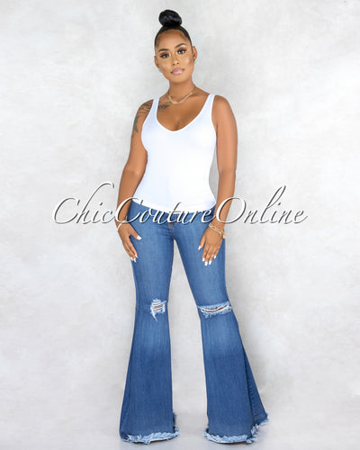 Tarina White V-Neckline Ribbed Top