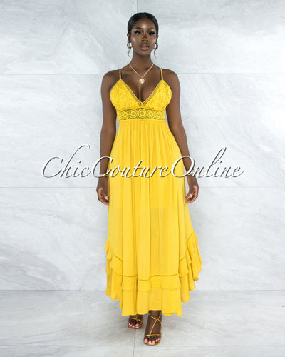 Wanetta Yellow Crochet See Through Waist Maxi Dress
