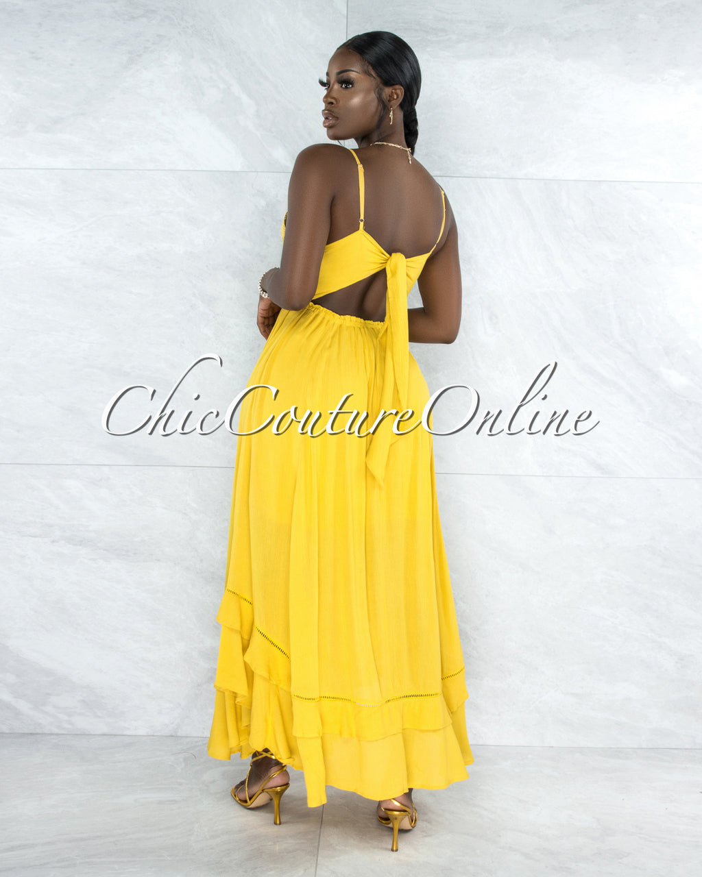 Wanetta Yellow Crochet See Through Waist Maxi Dress