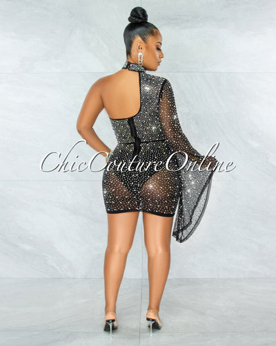 *Iriana Black Rhinestones & Pearls Single Sleeve Mini Dress