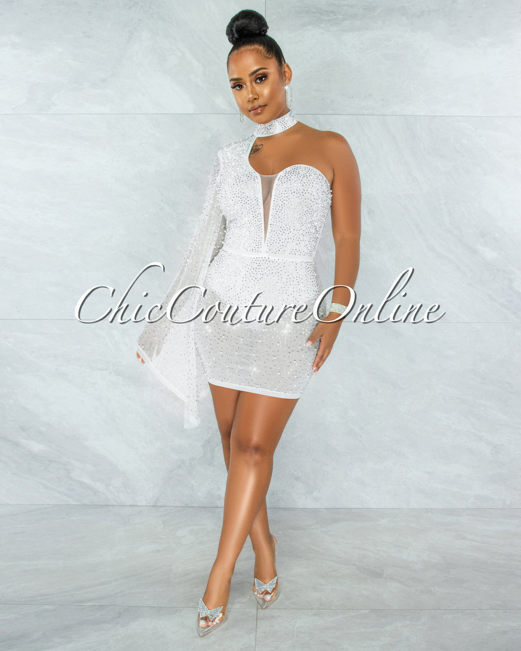 *Iriana White Rhinestones & Pearls Single Sleeve Mini Dress