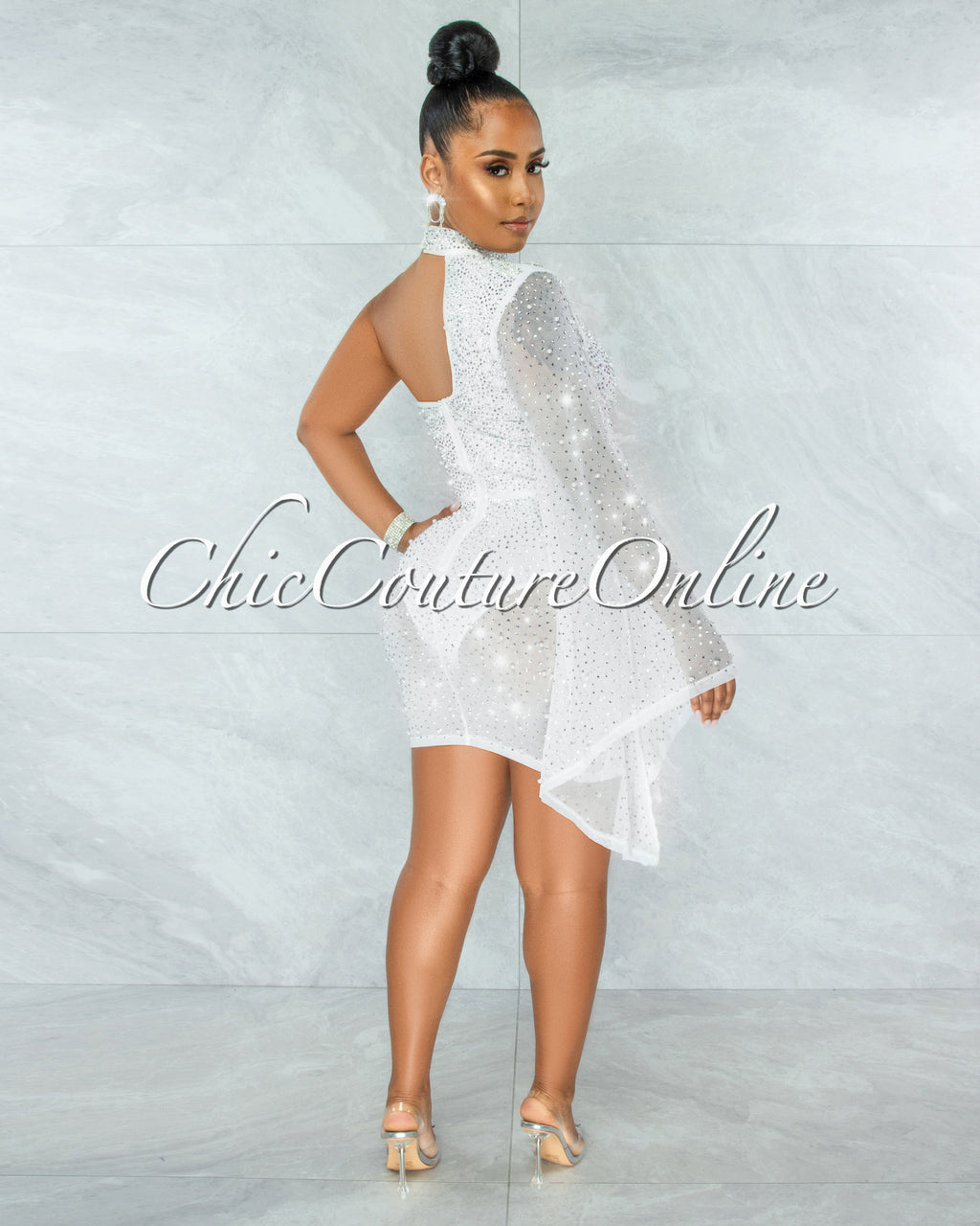 *Iriana White Rhinestones & Pearls Single Sleeve Mini Dress