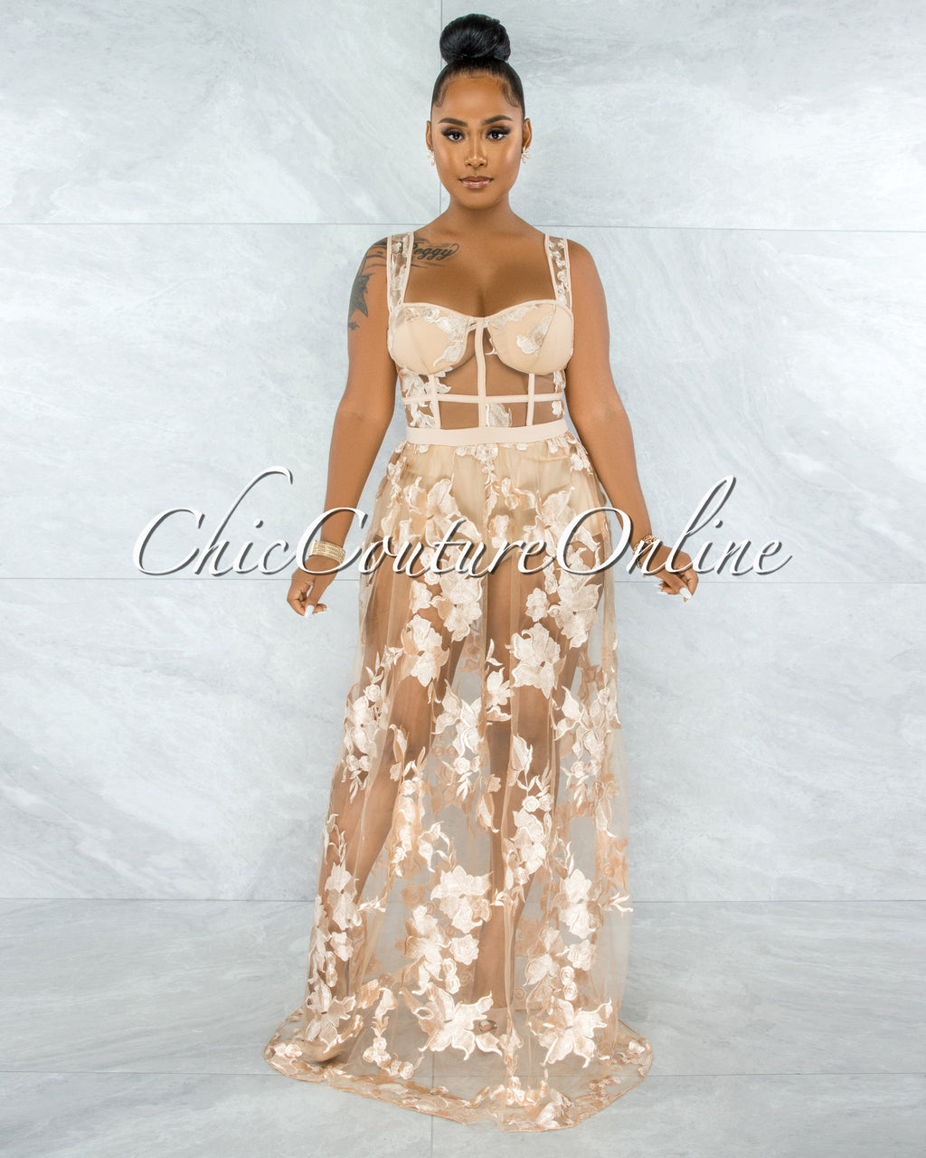 *Lidonie Nude Embroidery Mesh Maxi Padded Dress