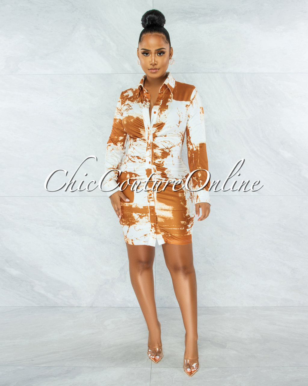 Kontare Mustard White Tie-Dye Buttons Shirt Dress